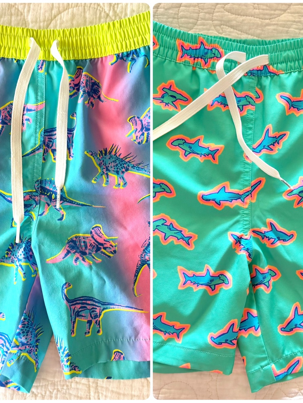 Like New!! 2 PAIRS - Chubbies Kids Neon Dino & Shark Print Swim Trunks - M 10/12